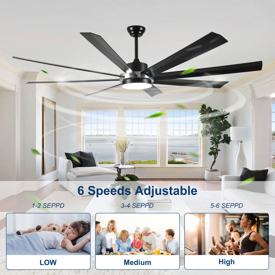 72 Inch Industrial Dc Motor Ceiling Fan With Light, Large Ceiling Fan With 8 Reversible Blades, 3 Downrods, 6 Speed Remote Control, Home Or Commercial Ceiling Fans For Porch Garage Shop, Black Black And Silver Casual,Classic Abs Steel Q235