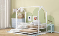 Twin Size Metal House Bed With Fence, With Trundle, White Twin White Metal