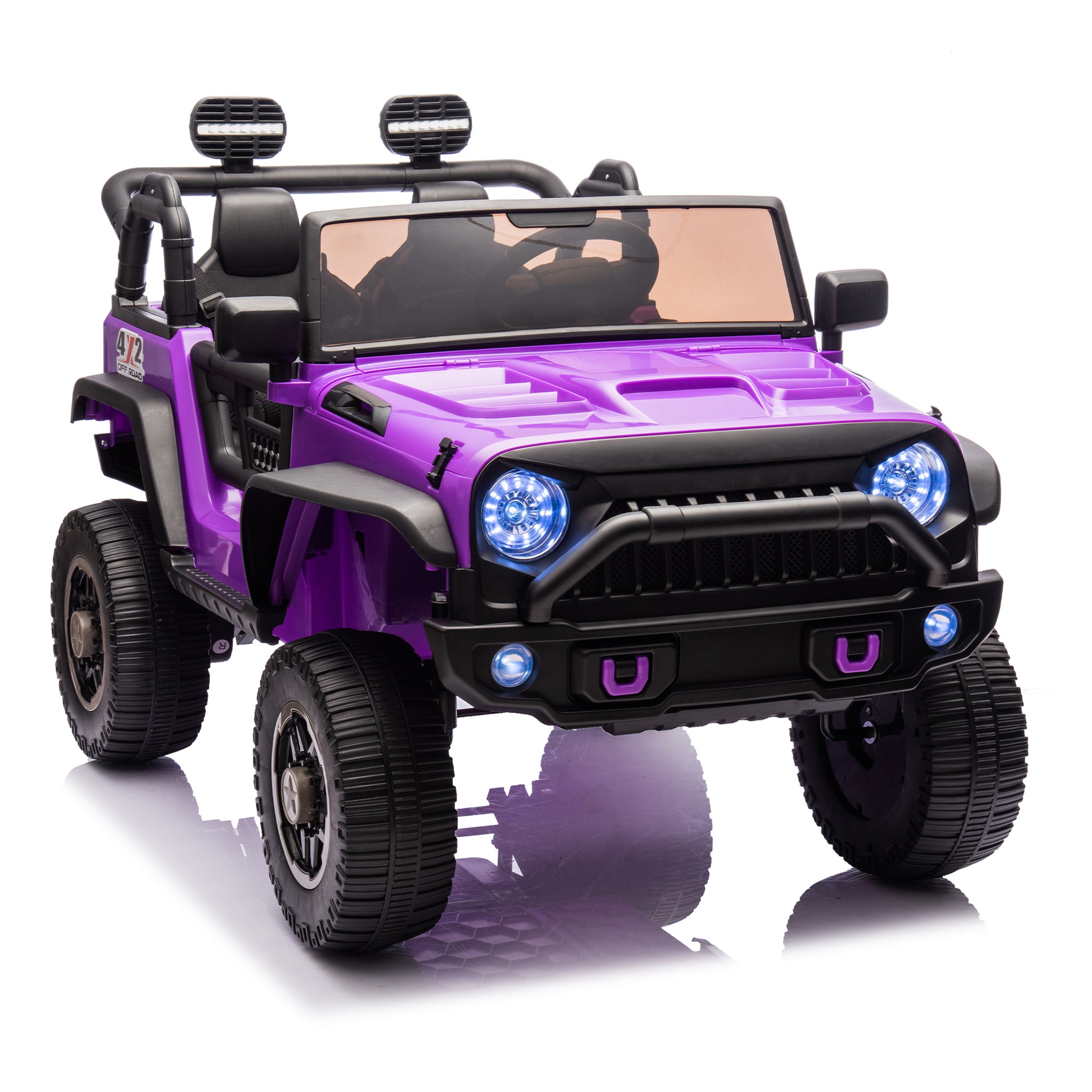 24V Two Seater Kids Ride On Truck Car W Parents Control,200W*2,Seat Width 20.28In,Four Wheel Suspension,Led Lights,Music,Mp3,Bluetooth,Two Independent Seat Belts,Suitable For Off Road For Kids Aged 3 Purple 100 149 Lbs Polypropylene