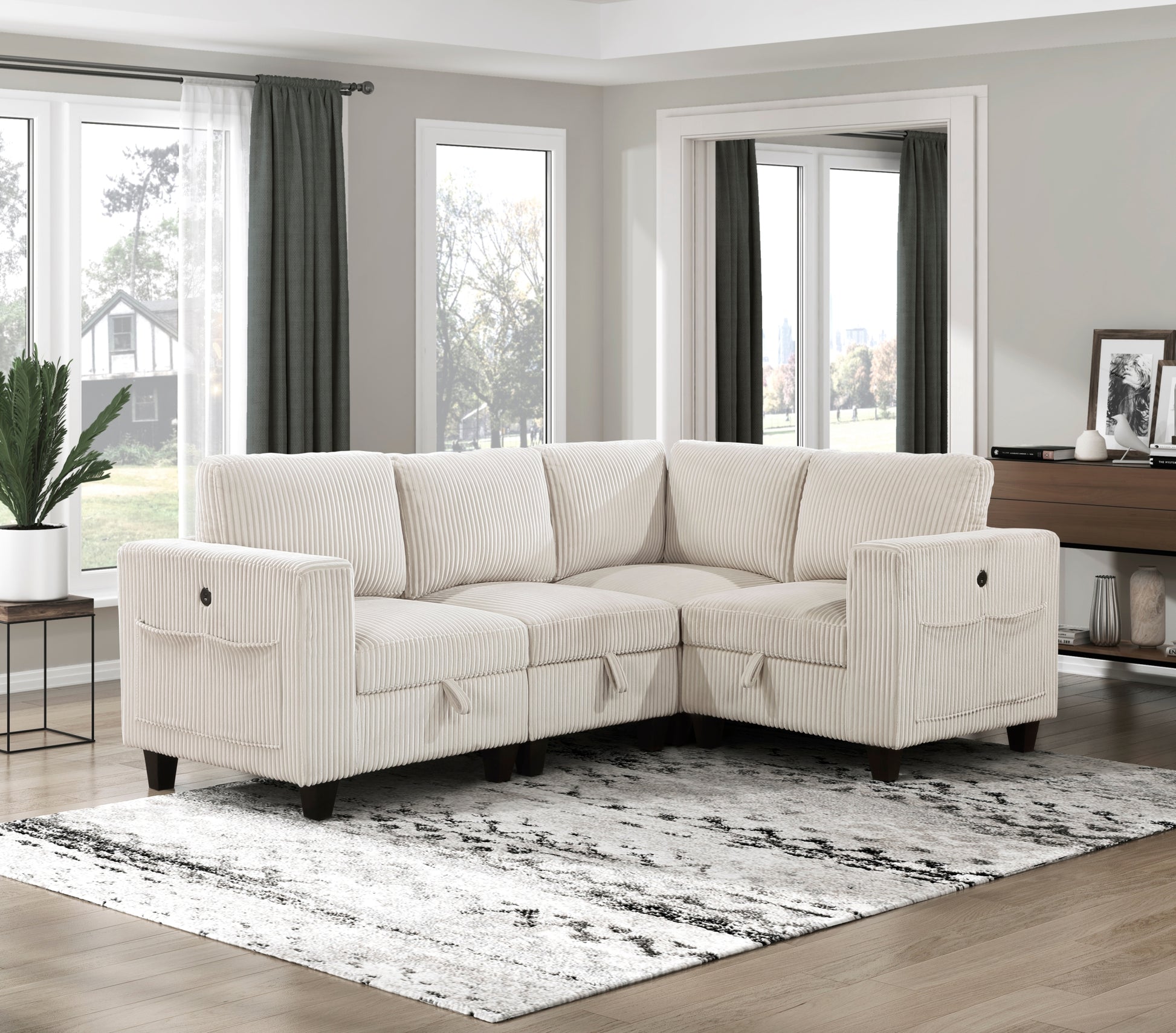 Modern Living Room Furniture 1Pc Beige Chair With One Arm, Storage Pouch And Charging Ports Corduroy Fabric Upholstery Beige Primary Living Space Contemporary,Modern Solid Wood