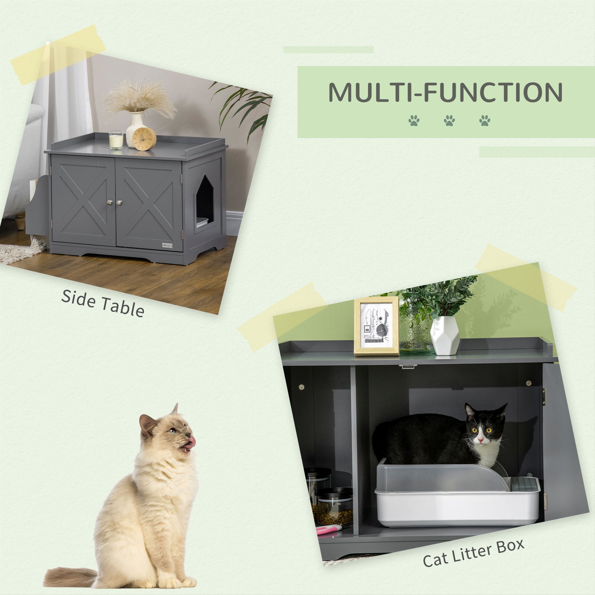 Pawhut Wide & Large Cat Litter Box Furniture Hidden Farmhouse Table With Magnetic Doors, Big Covered Kitty Litter Box Enclosure Cabinet With Shelves, Pet Furniture Cat Gift Side Table, Grey Grey Mdf