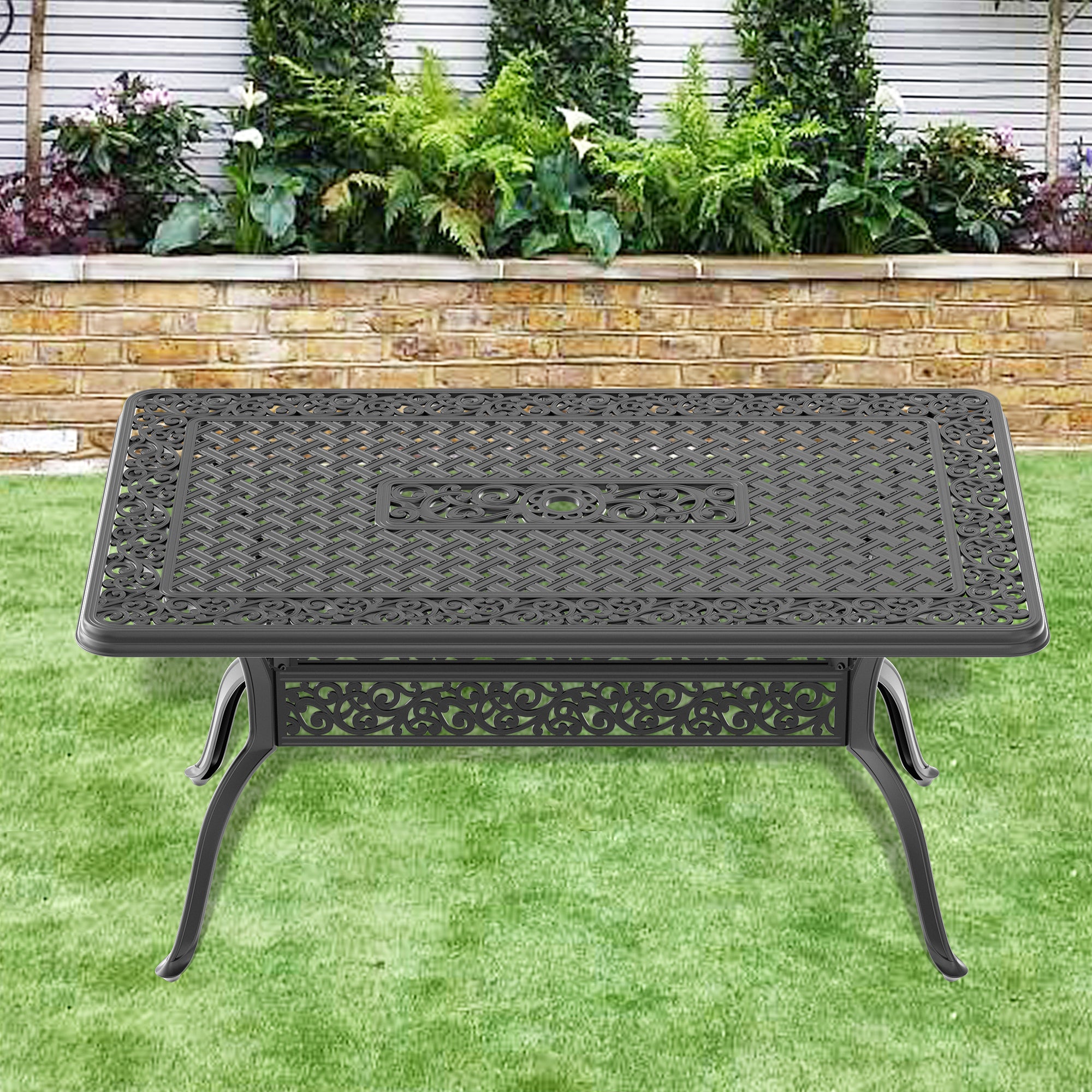 L59.05*W35.43 Inch Cast Aluminum Patio Dining Table With Black Frame And Umbrella Hole Complete Patio Set Black Rust Resistant Frame Garden & Outdoor Complete Patio Sets Aluminium