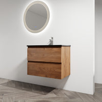 30" Wall Mounted Bathroom Vanity With Black Ceramic Sink, 2 Soft Close Drawers, Kd Package 2 Brown Oak Bathroom Wall Mounted Modern Plywood