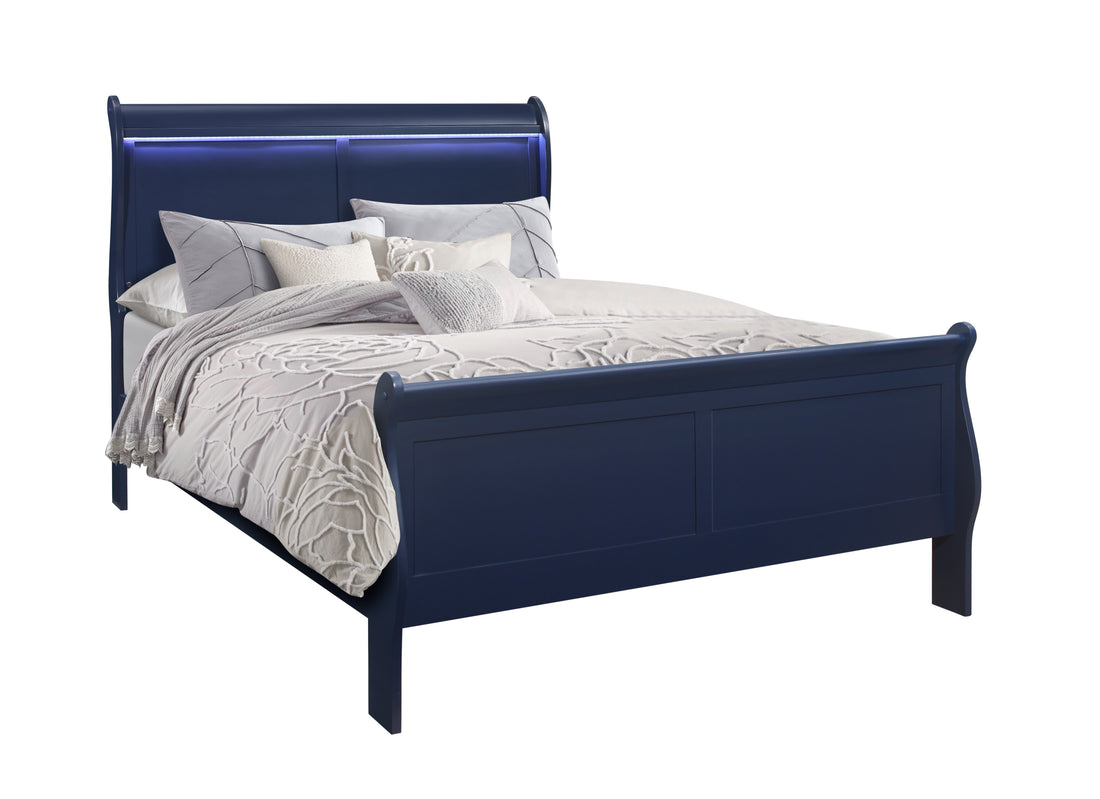 Charlston Blue Full Bed With Led Blue Solid Wood Mdf