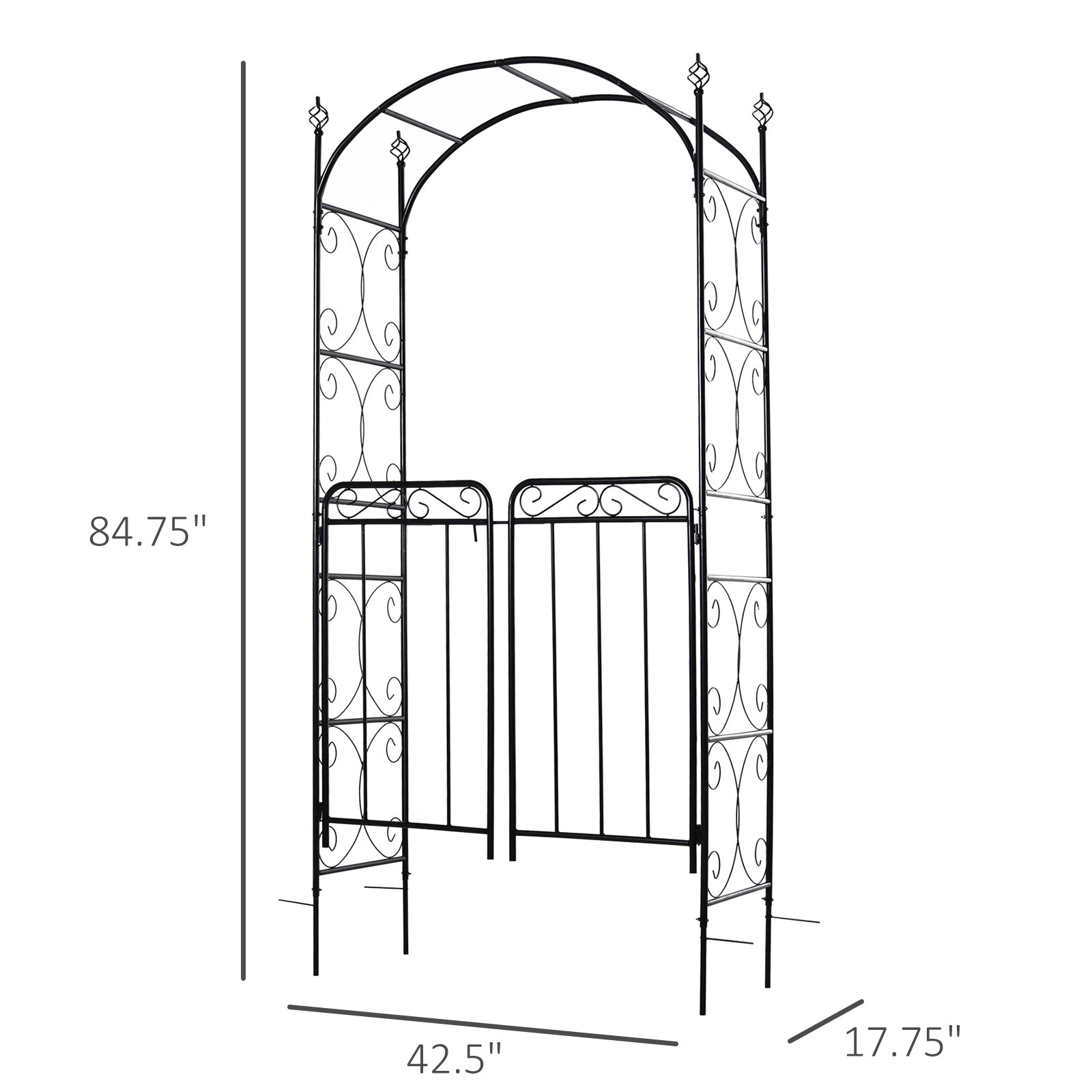 Outsunny 84" Garden Arch Arbor With Gate, Metal Arch Trellis, Garden Archway For Climbing Vines, Wedding Ceremony Decoration, Flourishes & Arrow Tips, Black Black Metal