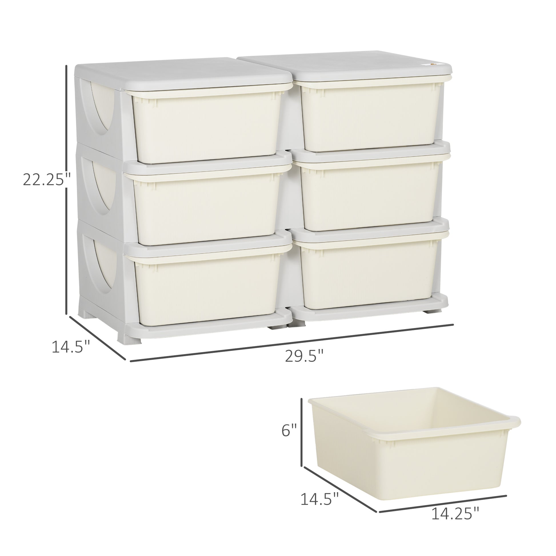 Qaba 3 Tier Kids Storage Unit, 6 Drawer Chest Toy Organizer Plastic Bins For Kids Bedroom Nursery Kindergarten Living Room For Boys Girls Toddlers, Cream Cream White Polypropylene