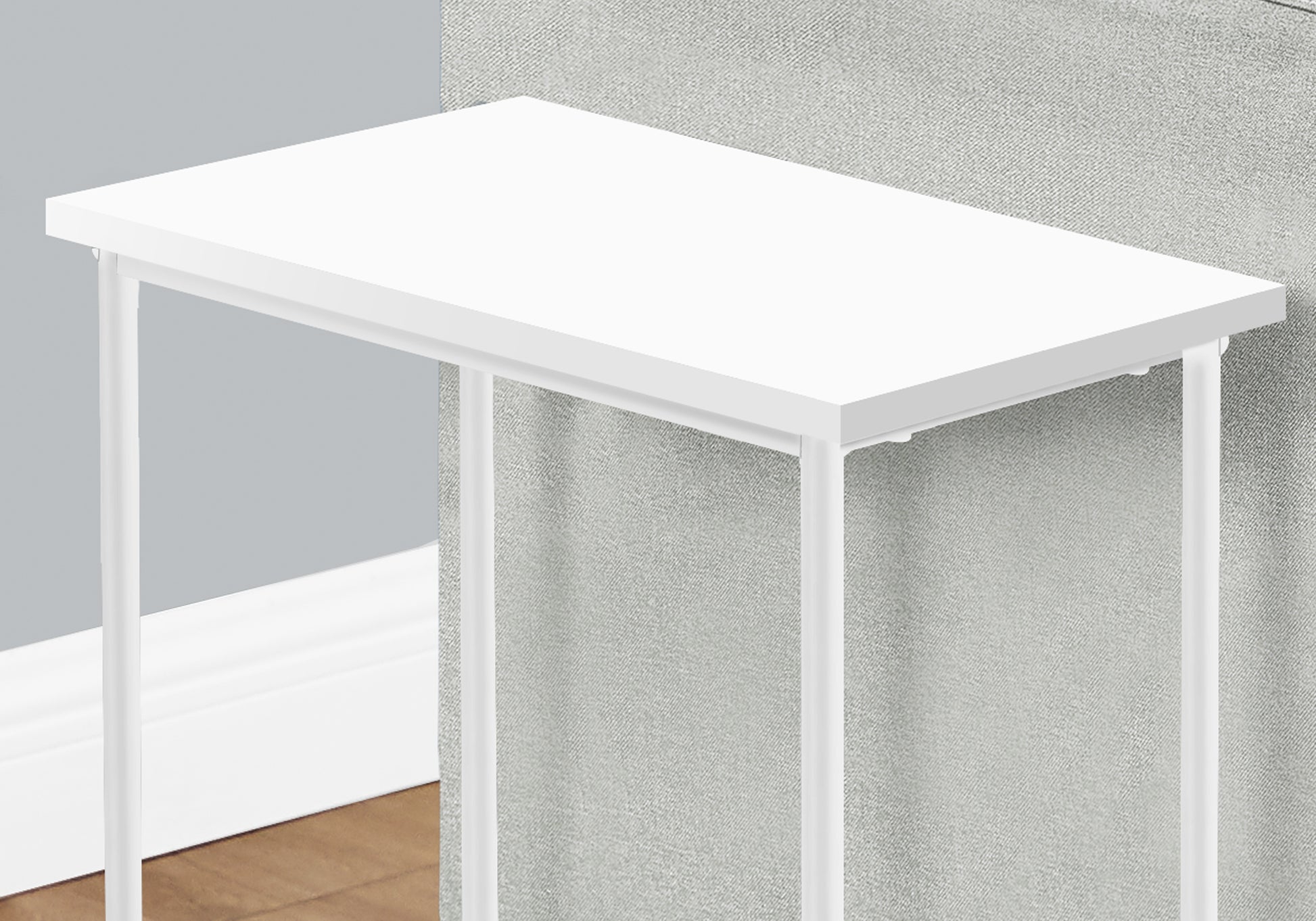 Accent Table, Side, End, Narrow, Small, 2 Tier, Living Room, Bedroom, White Laminate, White Metal, Contemporary, Modern White Particle Board