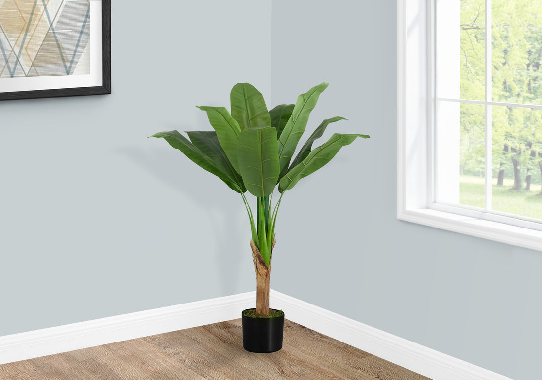 Artificial Plant, 43" Tall, Banana Tree, Indoor, Faux, Fake, Floor, Greenery, Potted, Real Touch, Decorative, Green Leaves, Black Pot Green Plastic