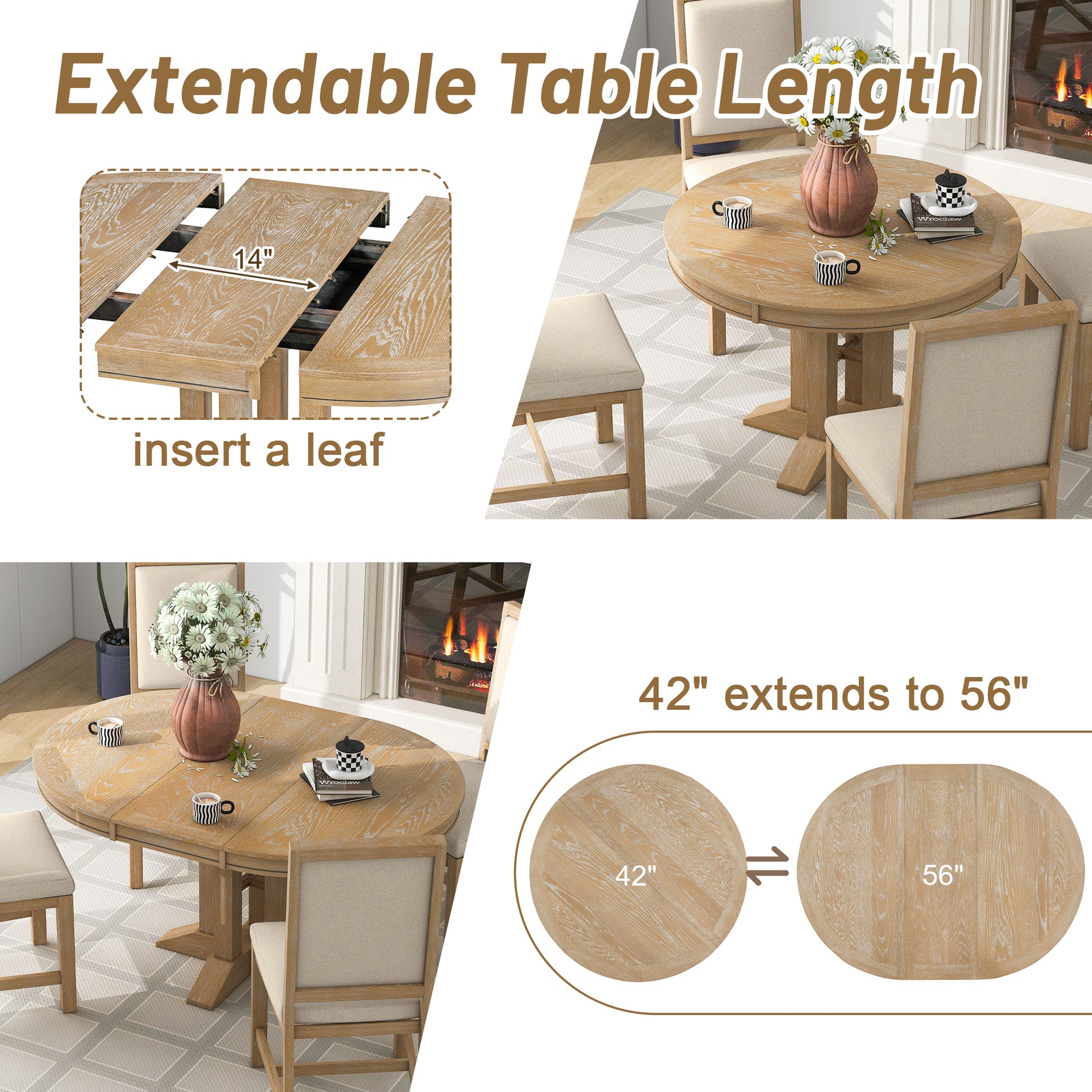 5 Piece Dining Set Extendable Round Table And 4 Upholstered Chairs Farmhouse Dining Set For Kitchen, Dining Room Natural Wood Wash Natural Wood Wash Solid Wood Mdf