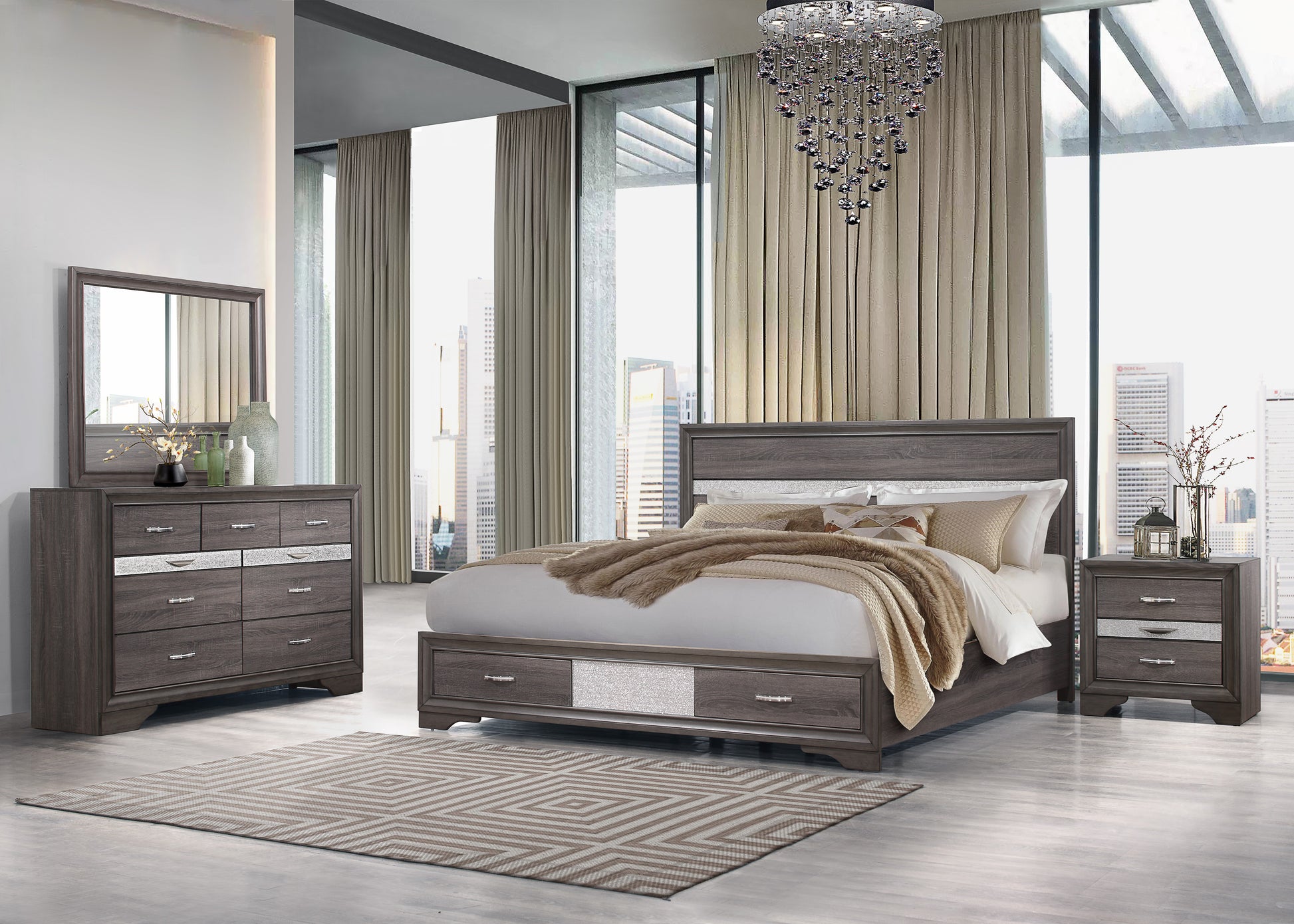 Ryder Sparkle Grey King Bed Gray Solid Wood Mdf