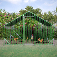 10 Ft. X 6.6 Ft. Large Metal Walk In Chicken Coop Galvanized Poultry Cage With Roosting Bar Farm Hen House Silver Metal