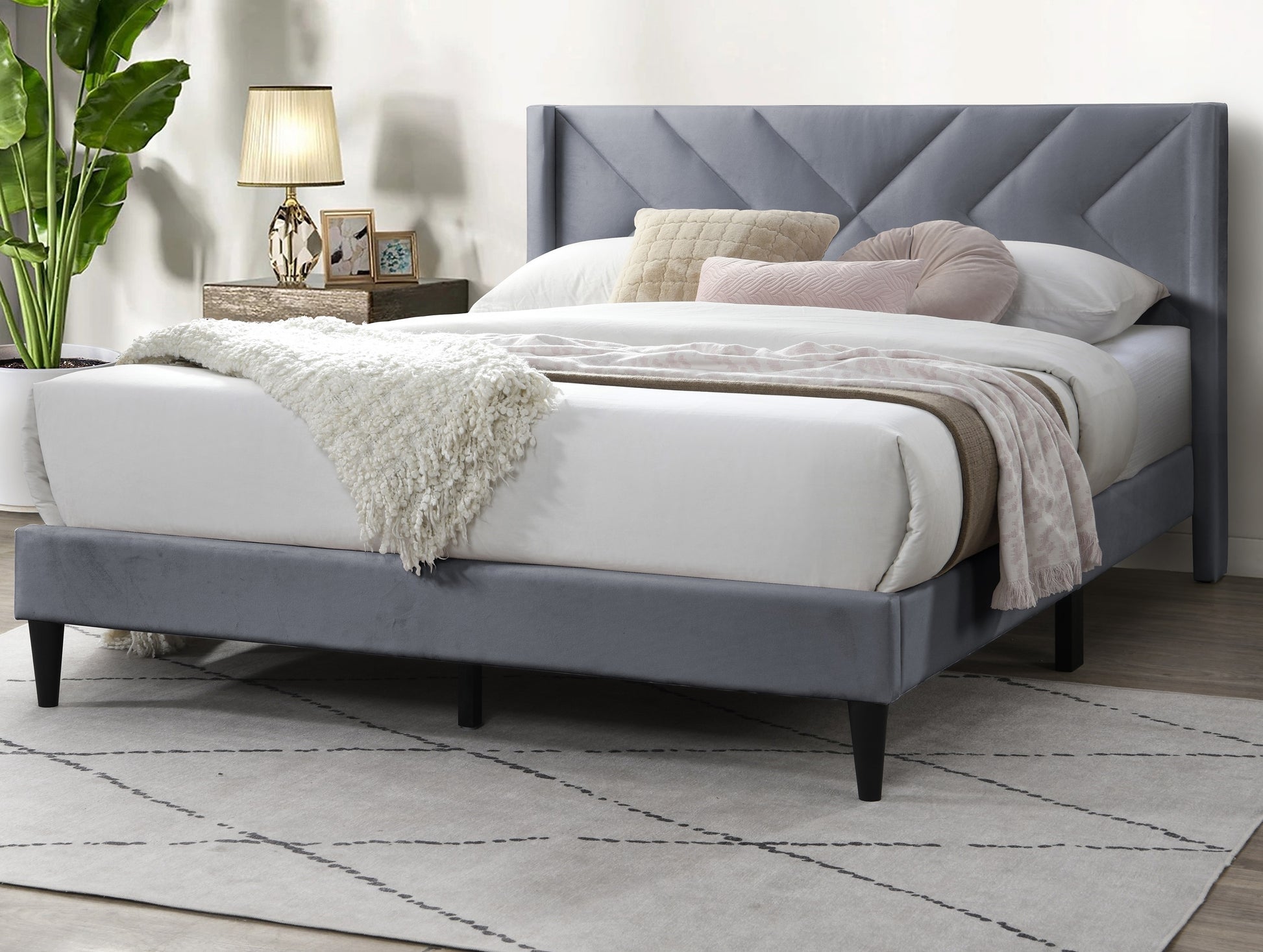 Elegant Modern Gray Velvet Upholstered Queen Size Bed Clean Lines Design Headboard 1Pc Bedframe Box Spring Not Required Queen Grey Wood Bedroom Contemporary,Modern Bed Frame Velvet Velvet