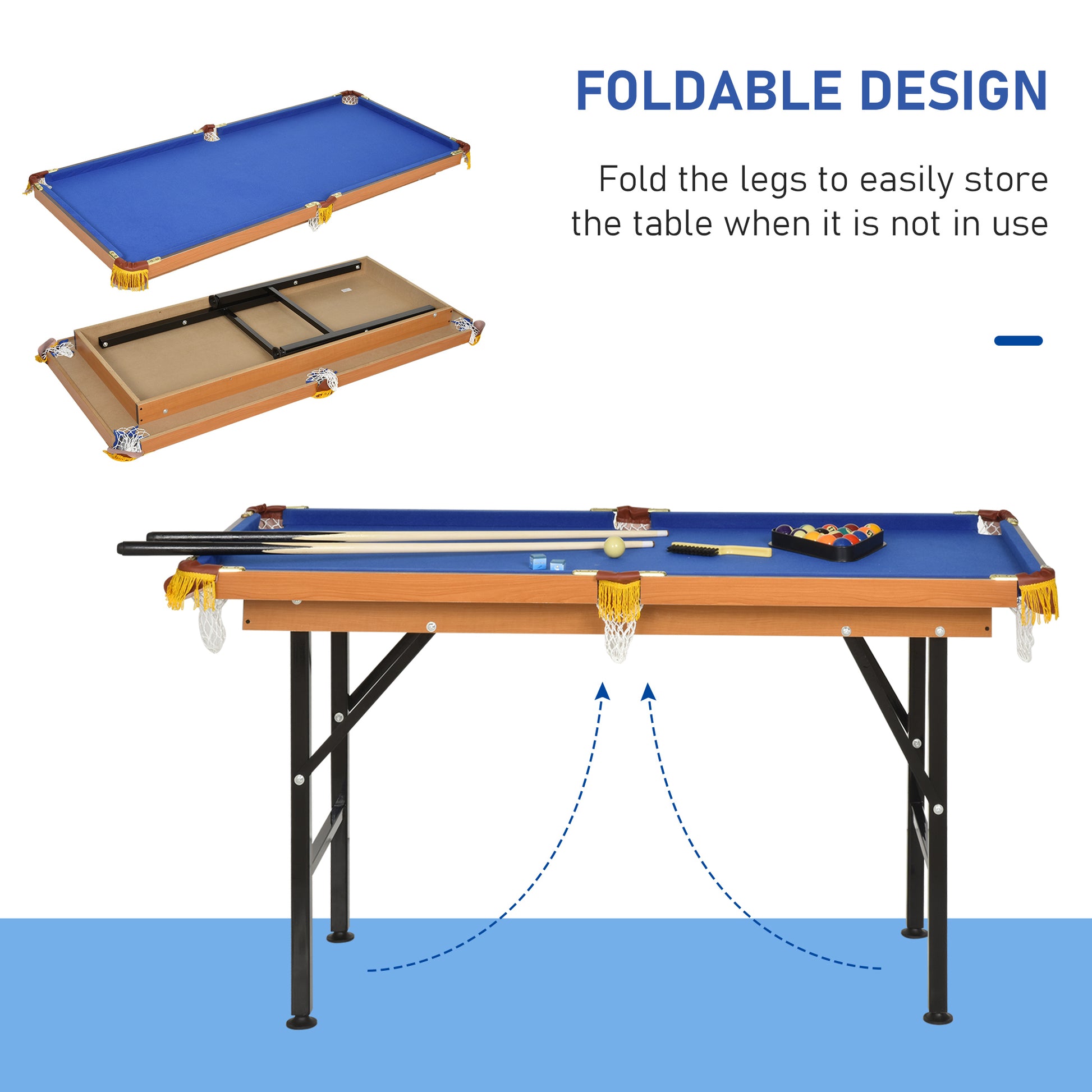 Soozier 55" Portable Folding Billiards Table Game Pool Table For Whole Family Number Use With Cues, Ball, Rack, Chalk, Blue Blue Mdf Steel