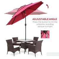 Outsunny 9Ft 3 Tiers Patio Umbrella Outdoor Market Umbrella With Crank, Push Button Tilt For Deck, Backyard And Lawn, Wine Red Wine Red Polyester