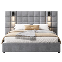 Upholstered Queen Bed,With Reading Lamp And Usb Port, Wide Headboard,Without Bedside Tables And Mattress, Velvet, Grey Queen Grey Wood Foam,Upholstered,Velvet