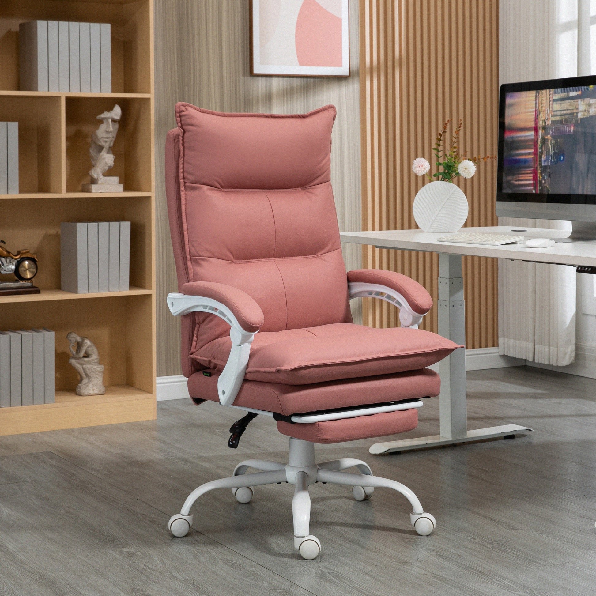 Vinsetto Executive Massage Office Chair With 6 Vibration Points, Microfiber Computer Desk Chair, Heated Reclining Chair With Footrest, Armrest, Double Padding, Pink Pink Polyester