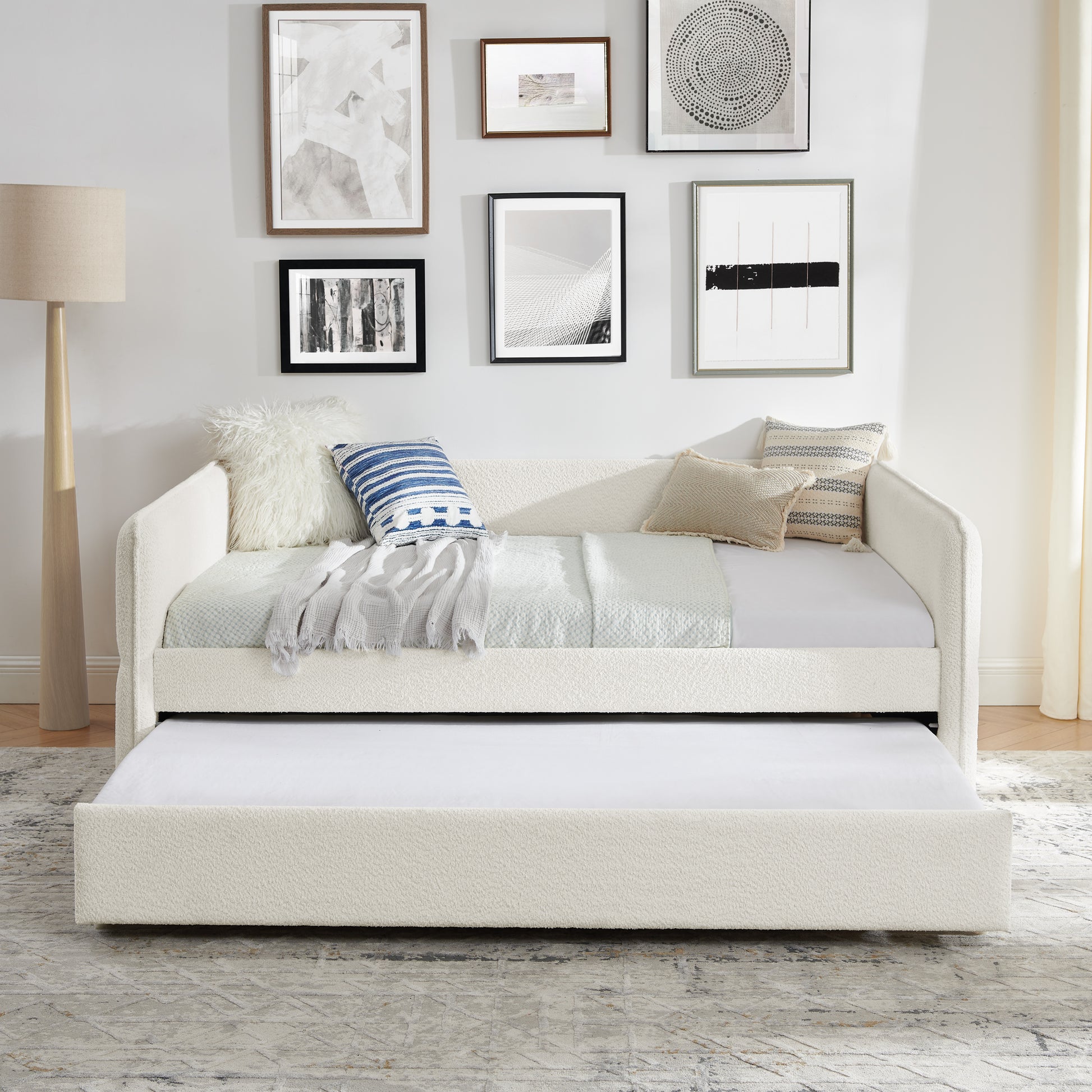 Daybed With Trundle Upholstered Tufted Sofa Bed, Full Size, Boucle Fabric, Beige 83"X58.5"X29.5" Beige Boucle