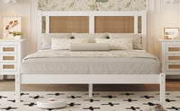 Queen Size Wood Platform Bed With Natural Rattan Headboard,Exquisite Elegance With Minimalist Charm For Bedroom,White White Particle Board