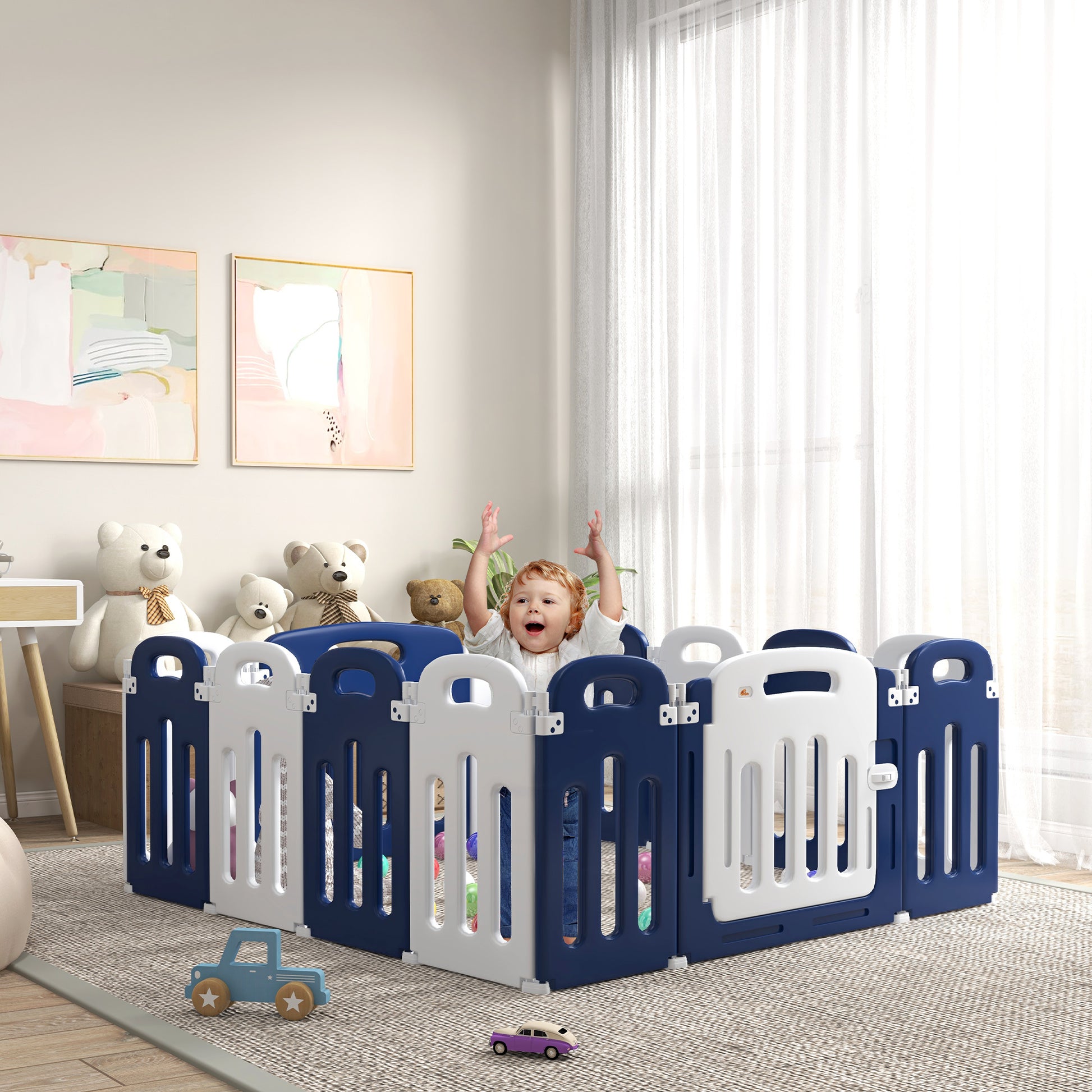 Qaba Baby Playpen, 14 Panels Sturdy Safety Play Yard For Babies And Toddlers, 57" X 57" Foldable Baby Playard, Indoor Outdoor Kids Activity Center With Anti Slip Base Blue Plastic