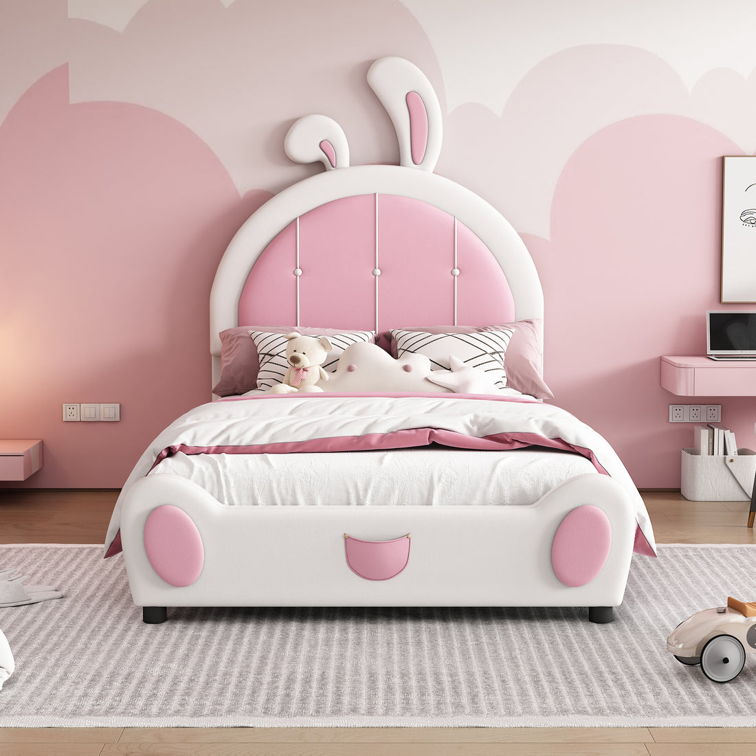 Twin Size Upholstered Platform Bed With Rabbit Shaped Headboard, White Box Spring Not Required Twin White Pink Wood Bedroom Bed Frame Faux Leather Upholstered