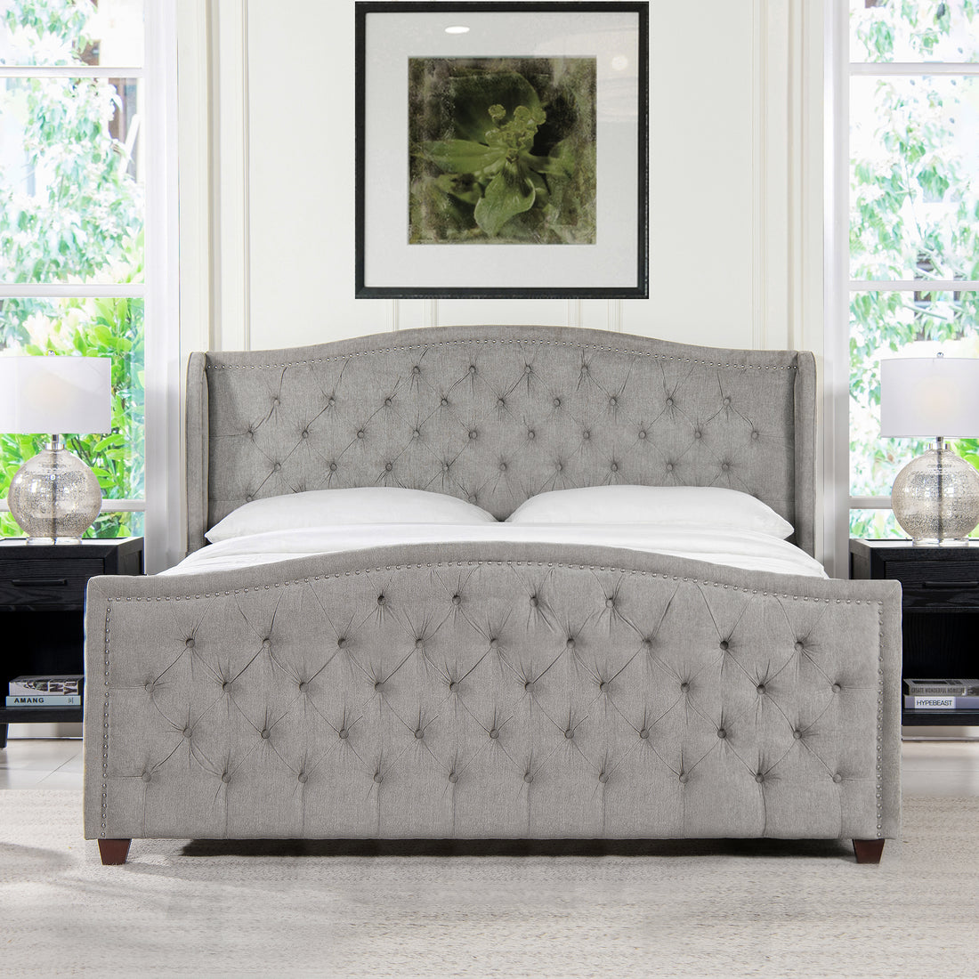 Marcella Upholstered Shelter Headboard Bed Set, California King, Silver Grey Polyester Box Spring Required California King Silver Grey Wood Foam Polyester Polyester