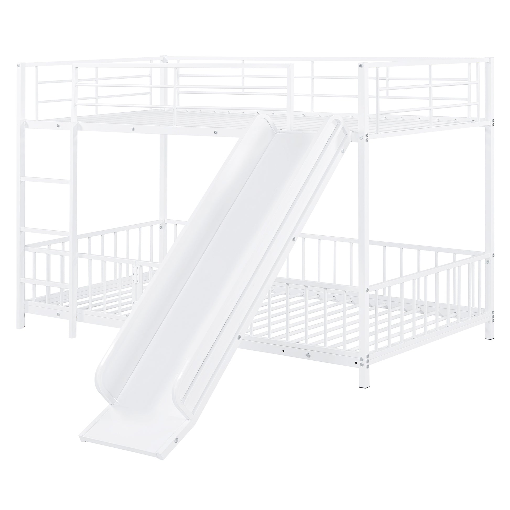 Twin Over Twin Size Metal Bunk Bed With Slide And Guardrails, White Twin White Metal