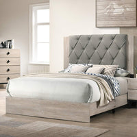 Contemporary 1Pc Cream Finish Eastern King Size Bed Bedroom Furniture Gray Tufted Design Headboard Rubberwood 1Pc Bedframe Box Spring Required King Cream Grey Wood Bedroom