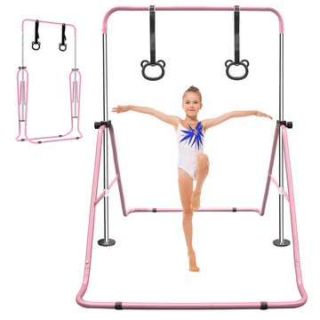 Multi Functional Adjustable Height Children'S Horizontal Gymnastic Bar With Bear Rings Pink Steel