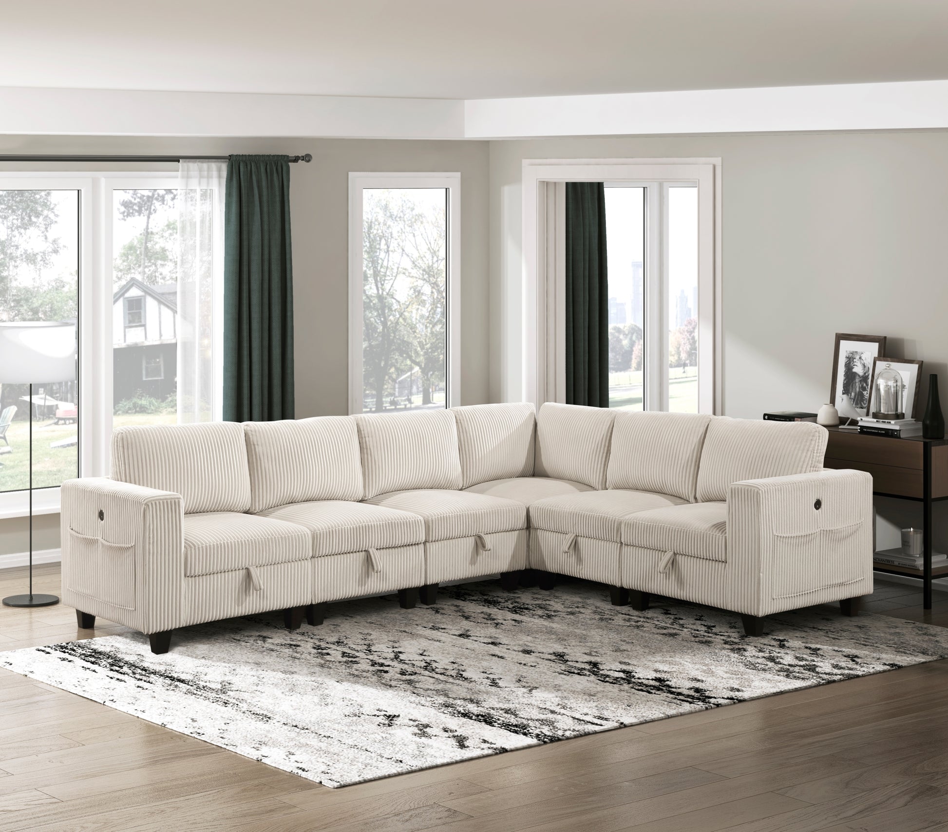 Modern Living Room Furniture 1Pc Beige Chair With One Arm, Storage Pouch And Charging Ports Corduroy Fabric Upholstery Beige Primary Living Space Contemporary,Modern Solid Wood