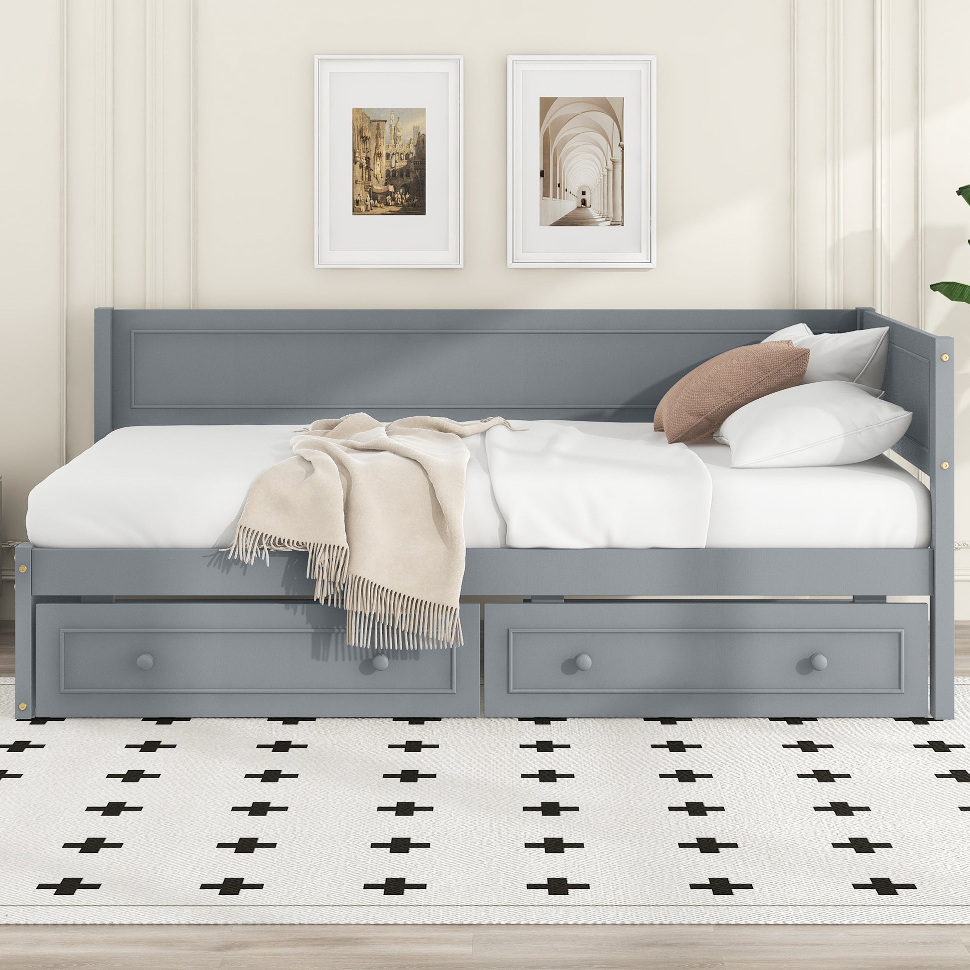 Twin Size Wood Daybed With 2 Drawers And Guardrail, Gray Gray Solid Wood Mdf