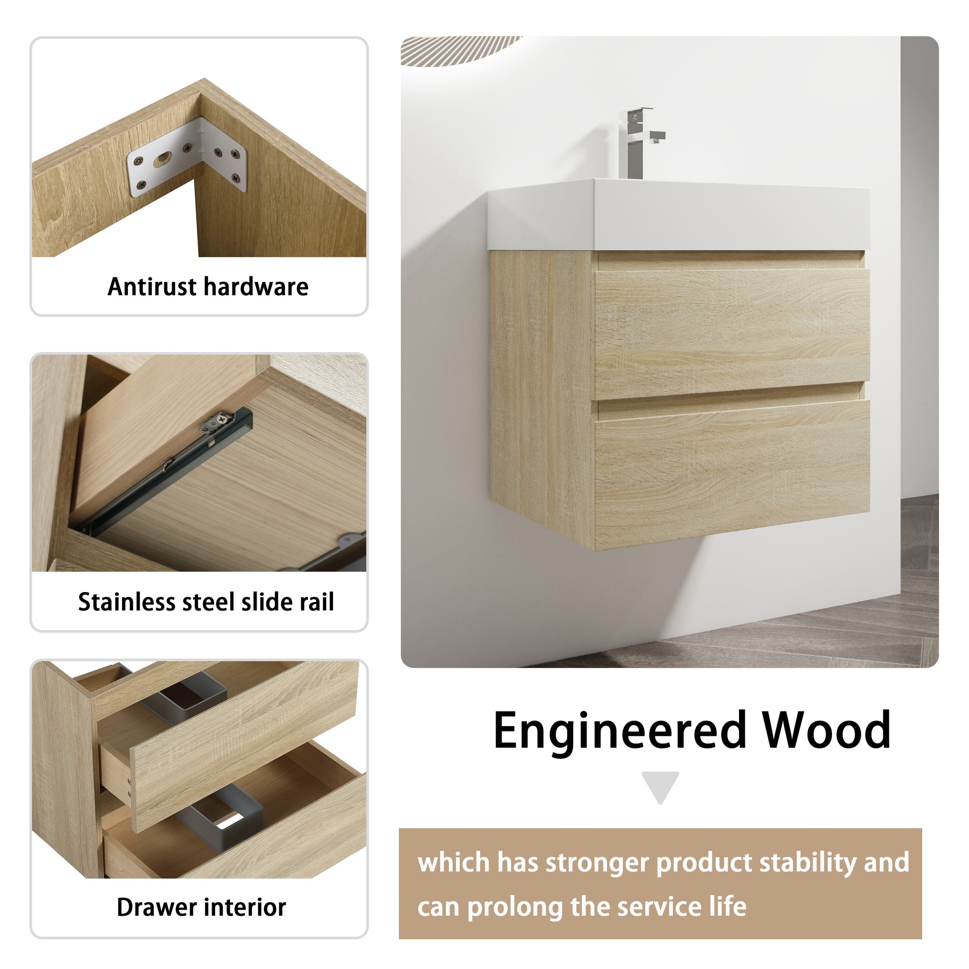 24" Wall Mounted Bathroom Vanity With Resin Sink, 2 Soft Close Drawers, Kd Package 2 Light Oak Bathroom Wall Mounted Modern Plywood