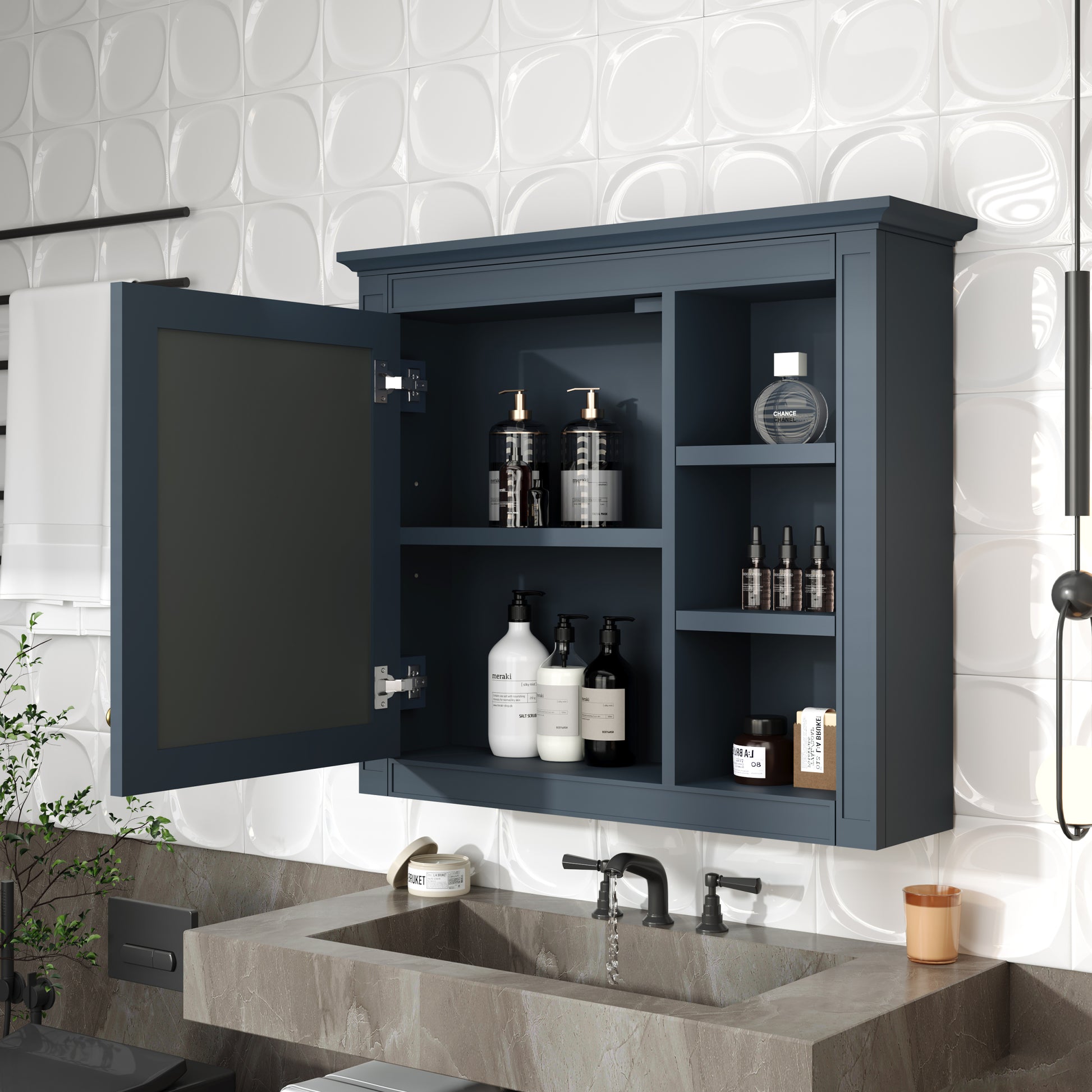 30'' X 28'' Medicine Cabinet, Wall Mounted Bathroom Storage Cabinet, Modern Bathroom Wall Cabinet With Mirror,Medicine Cabinet, Mirror Cabinet With 3 Open Shelves Not Include Bathroom Vanity Blue 1 5 Adjustable Shelves Bathroom Wall Mounted Modern Mdf