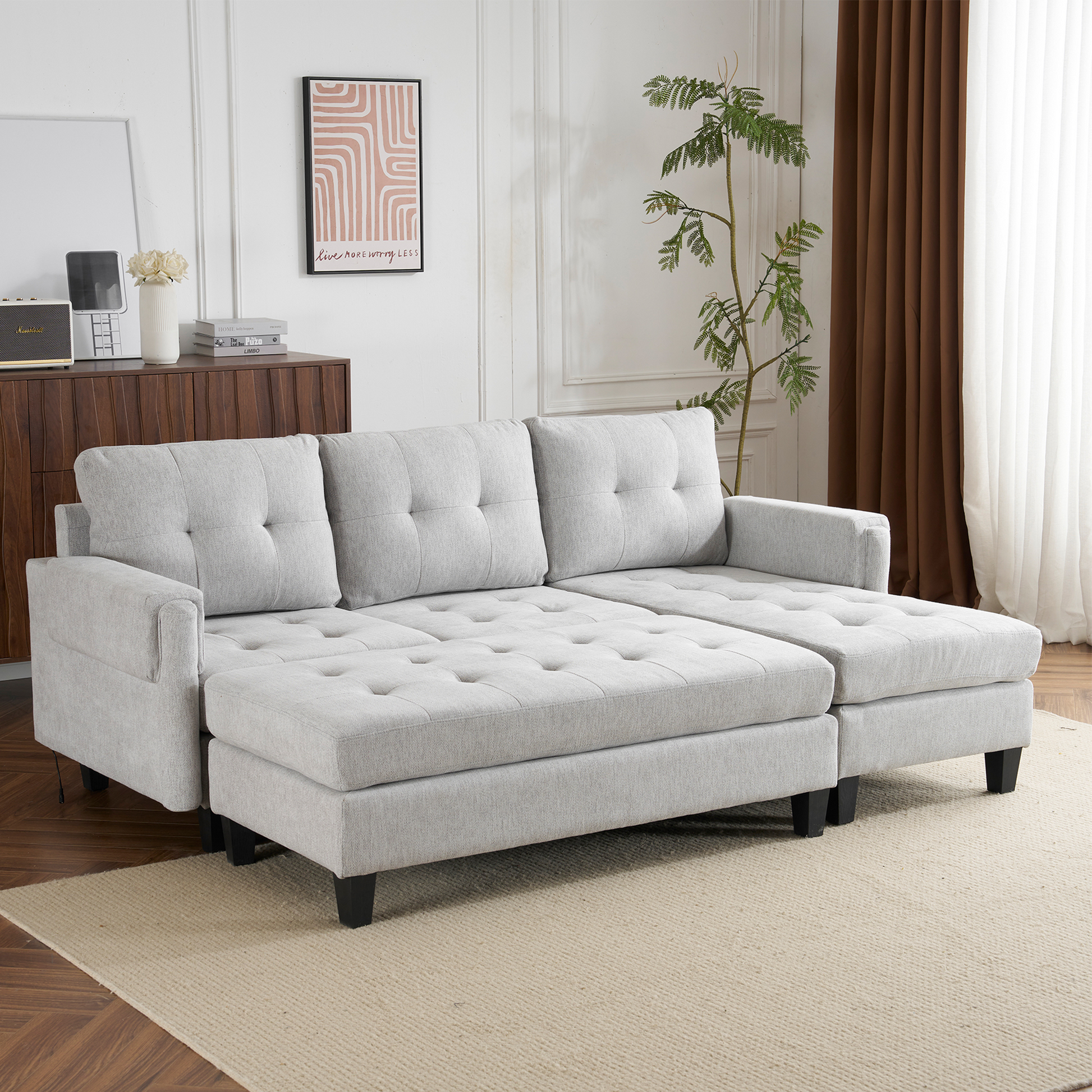 83.4" L Shaped Sofa Sectional Couch Sofa Bed With Two Usb Ports, A Movable Ottoman And A Reversible Chaise Lounge For Living Room, Grey Grey Foam Chenille 5 Seat