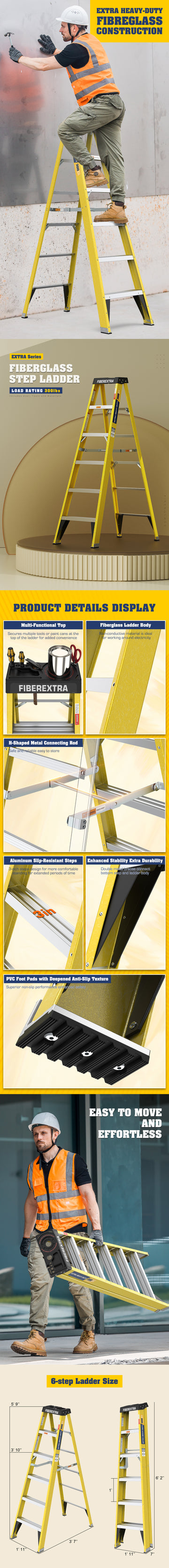 6 Fibreglass Step Ladder Series 300Lbs Yellow Fiberglass