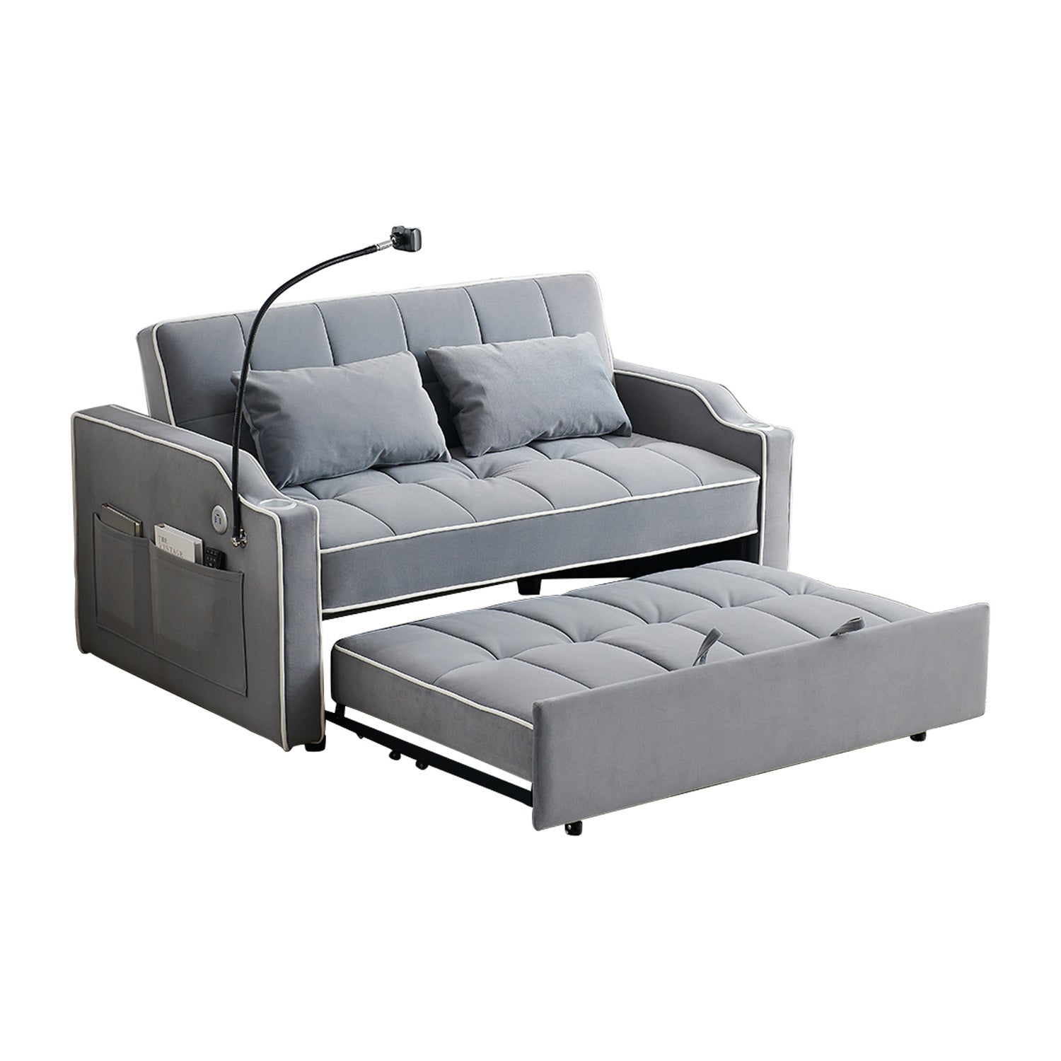 3 In 1 Convertible Sleeper Sofa Couch Bed, Velvet Tufted Loveseat Futon Sofa W Usb&Type C Port Pull Out Bed, Adjustable Backrest,Multi Pockets For Living Room Apartment Small Space Grey Fabric