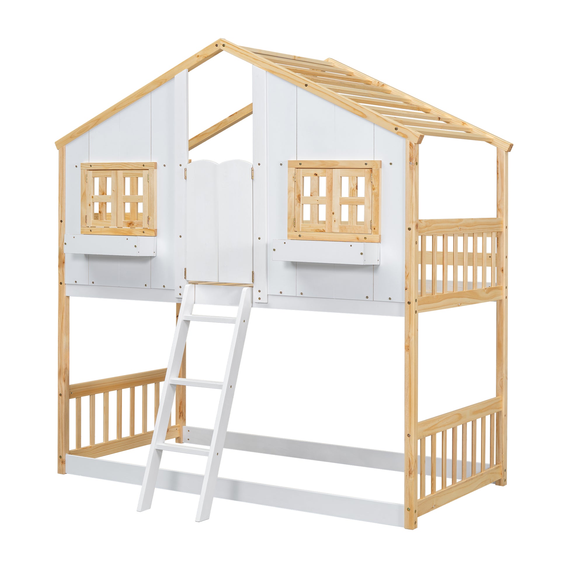 Twin Over Twin House Bunk Bed With Roofwindow, Window Box, Doorwith Safety Guardrails And Ladder, Natural White Twin Natural White Pine