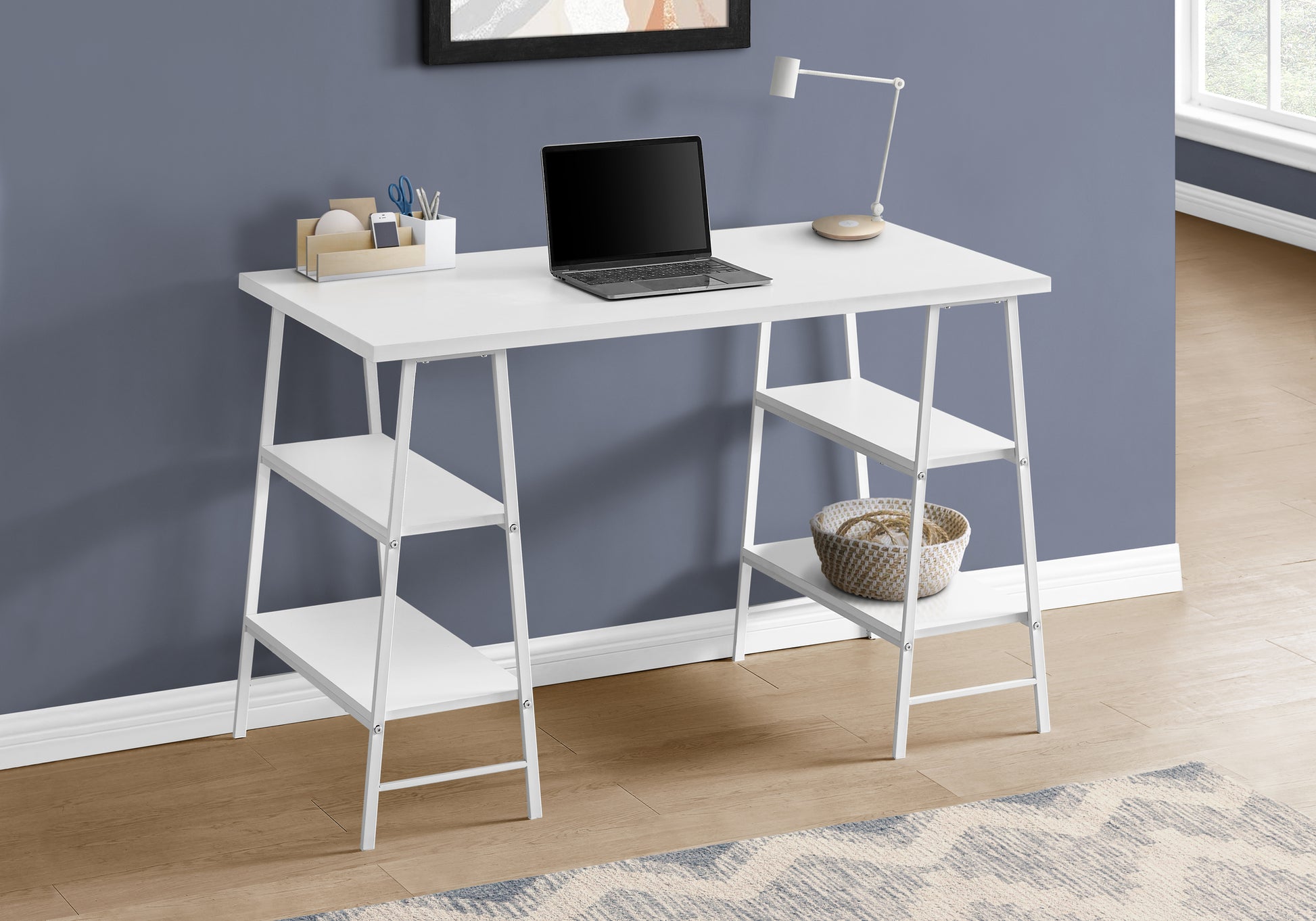 Computer Desk, Home Office, Laptop, Storage Shelves, 48"L, Work, White Laminate, White Metal, Contemporary, Modern White Metal