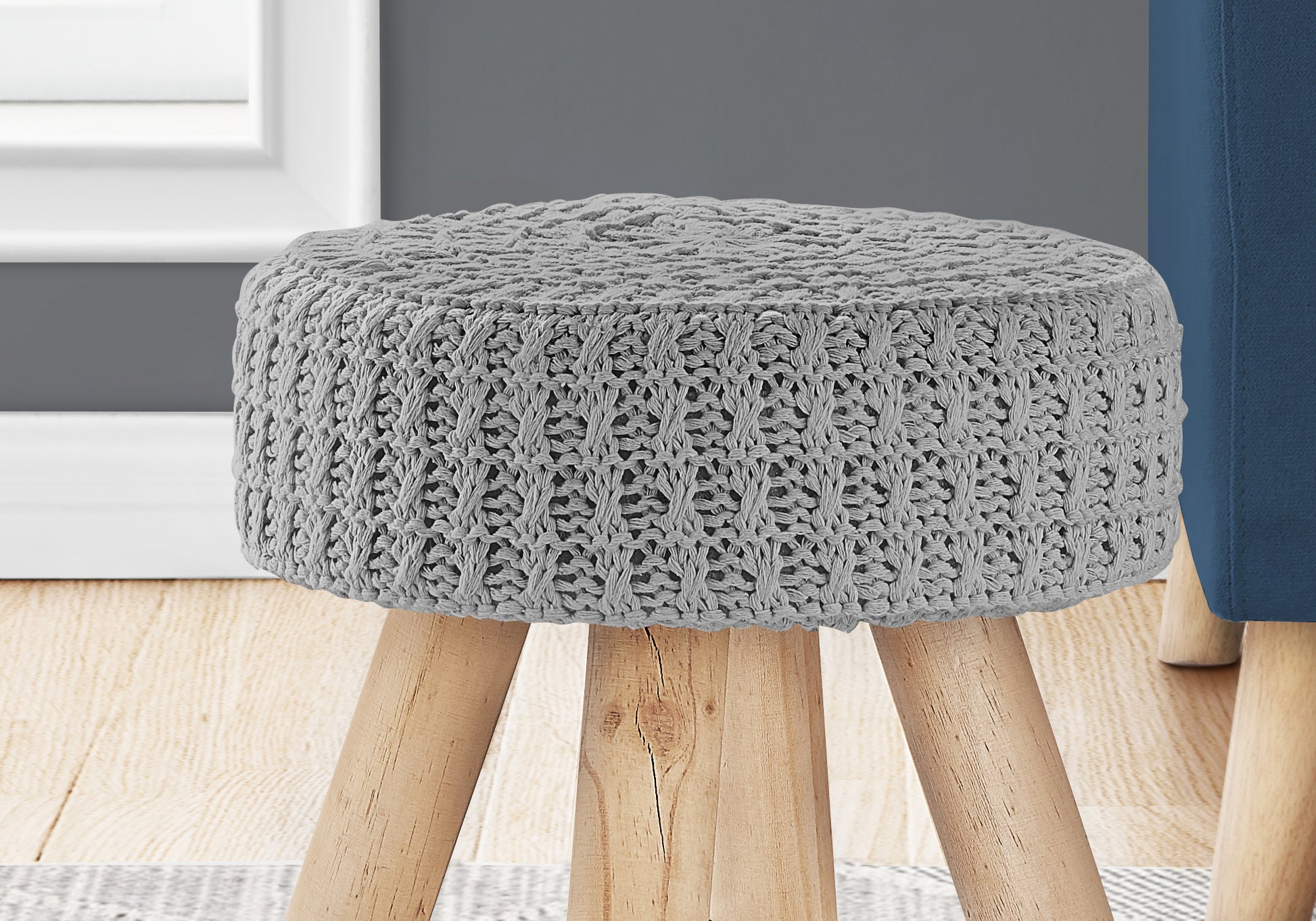 Ottoman, Pouf, Footrest, Foot Stool, 12" Round, Grey Velvet, Natural Wood Legs, Contemporary, Modern Grey Foam Polyester