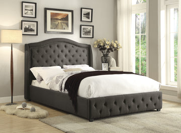 Modern Traditional Style Queen Bed 1Pc Solid Wood Frame Charcoal Fabric Upholstered Button Tufted Headboard Trim Box Spring Required Queen Charcoal Wood Bedroom Polyester Solid Wood