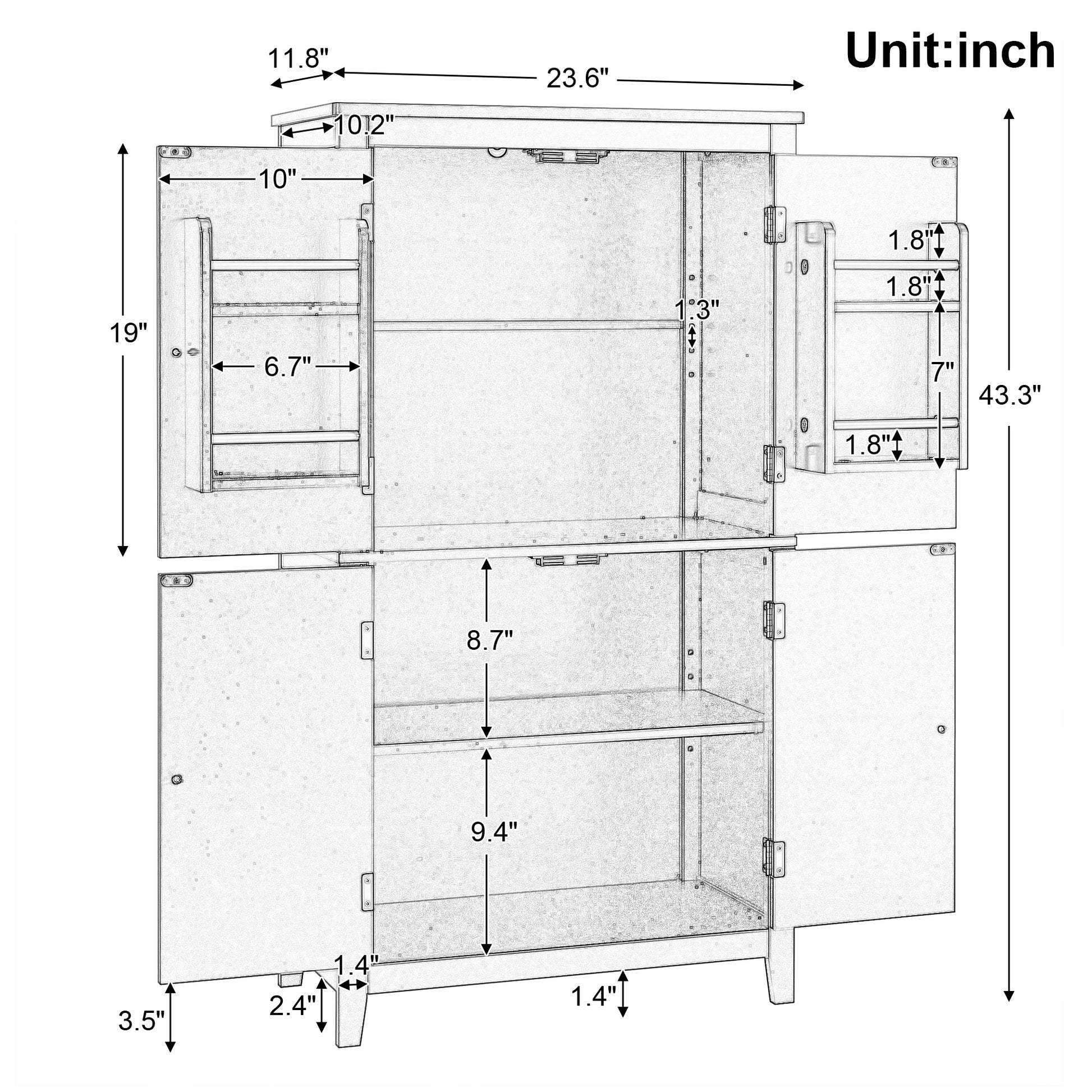 Elegant Bathroom Floor Storage Cabinet, Bathroom Storage Unit, Freestanding Cabinet With 4 Doors, Adjustable Shelves, Adaptable Shelves, Grey Grey Mdf