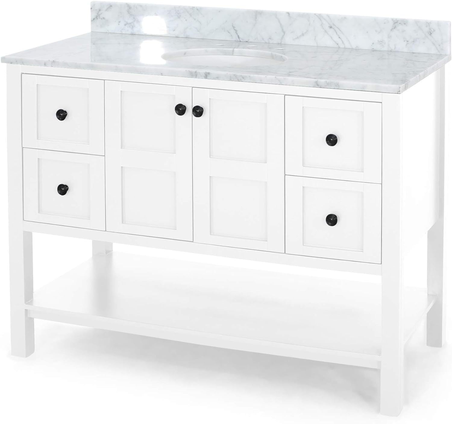 49'' Bathroom Vanity With Marble Top & Ceramic Sink, Two Doors, 4 Drawers, Open Shelf, White White Acacia Wood