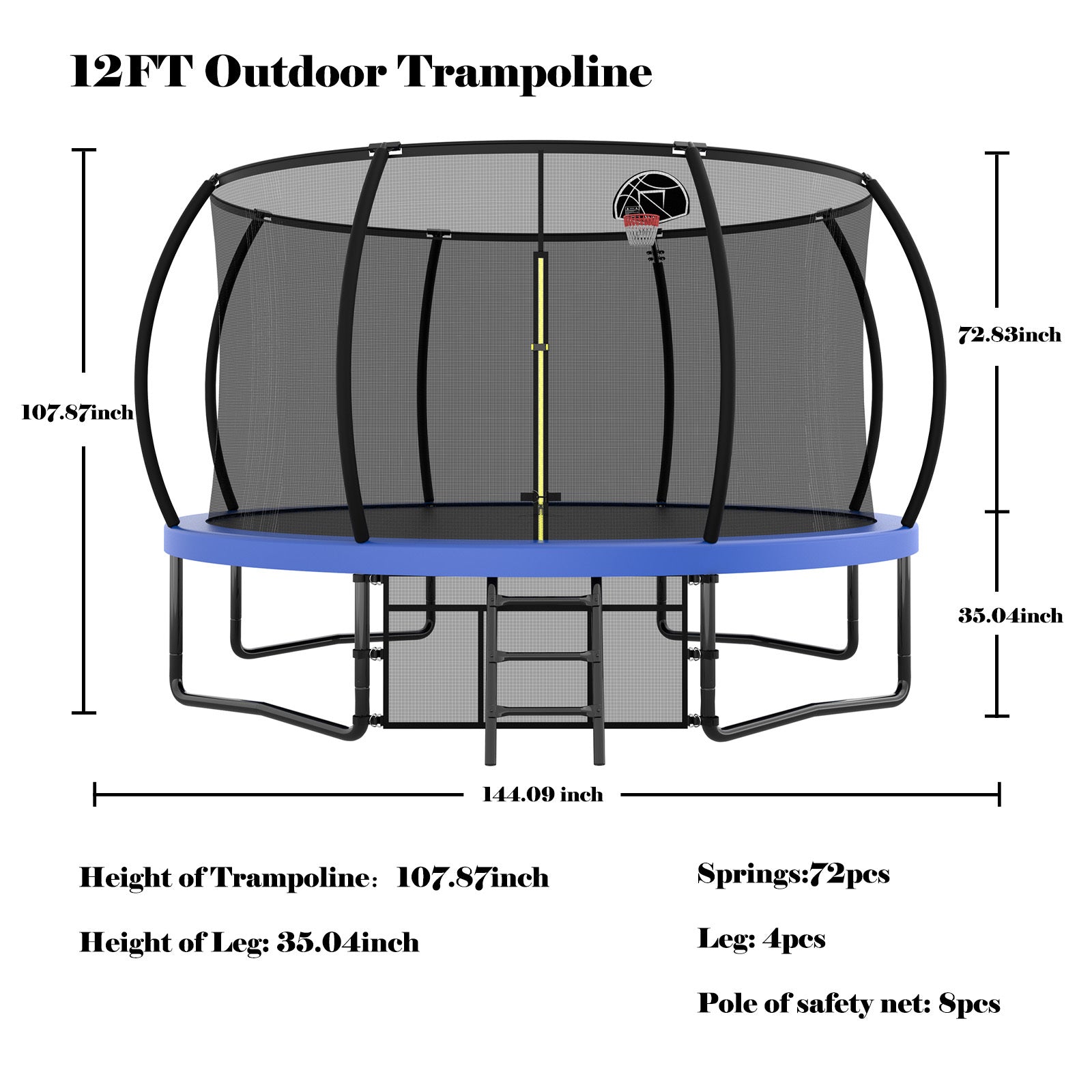 12Ft Recreational Kids Trampoline With Safety Enclosure Net & Ladder, Outdoor Recreational Trampolines Blue Steel