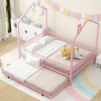 Full Size Metal House Bed With Fence, With Trundle, Pink Full Pink Metal