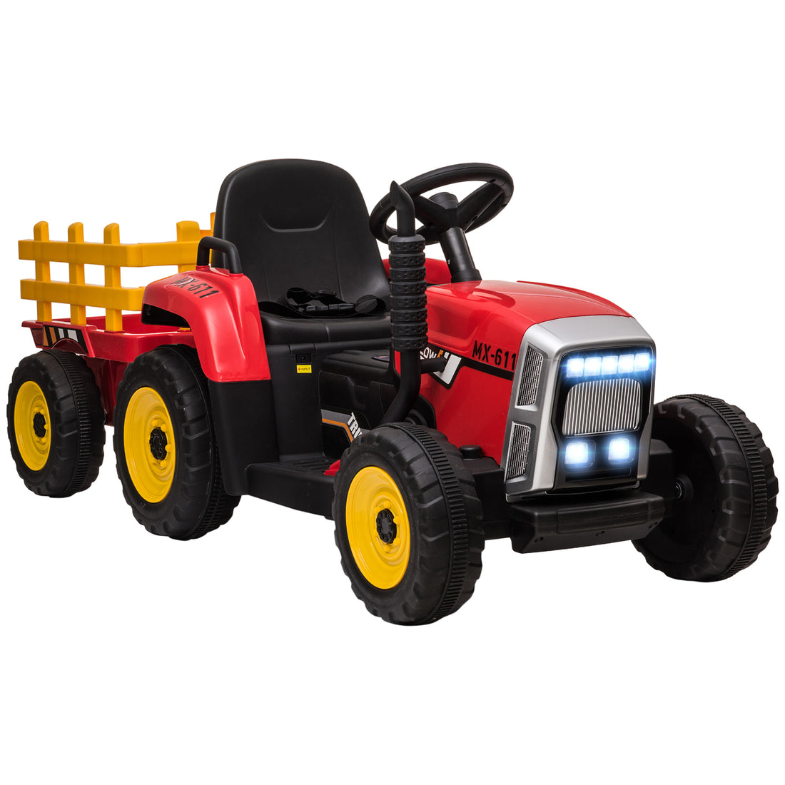 Aosom 12V Ride On Tractor With Trailer, 25W Dual Motors, Battery Powered Electric Tractor With Remote Control, Music Startup Sound And Horn, Led Lights, Red Red Plastic