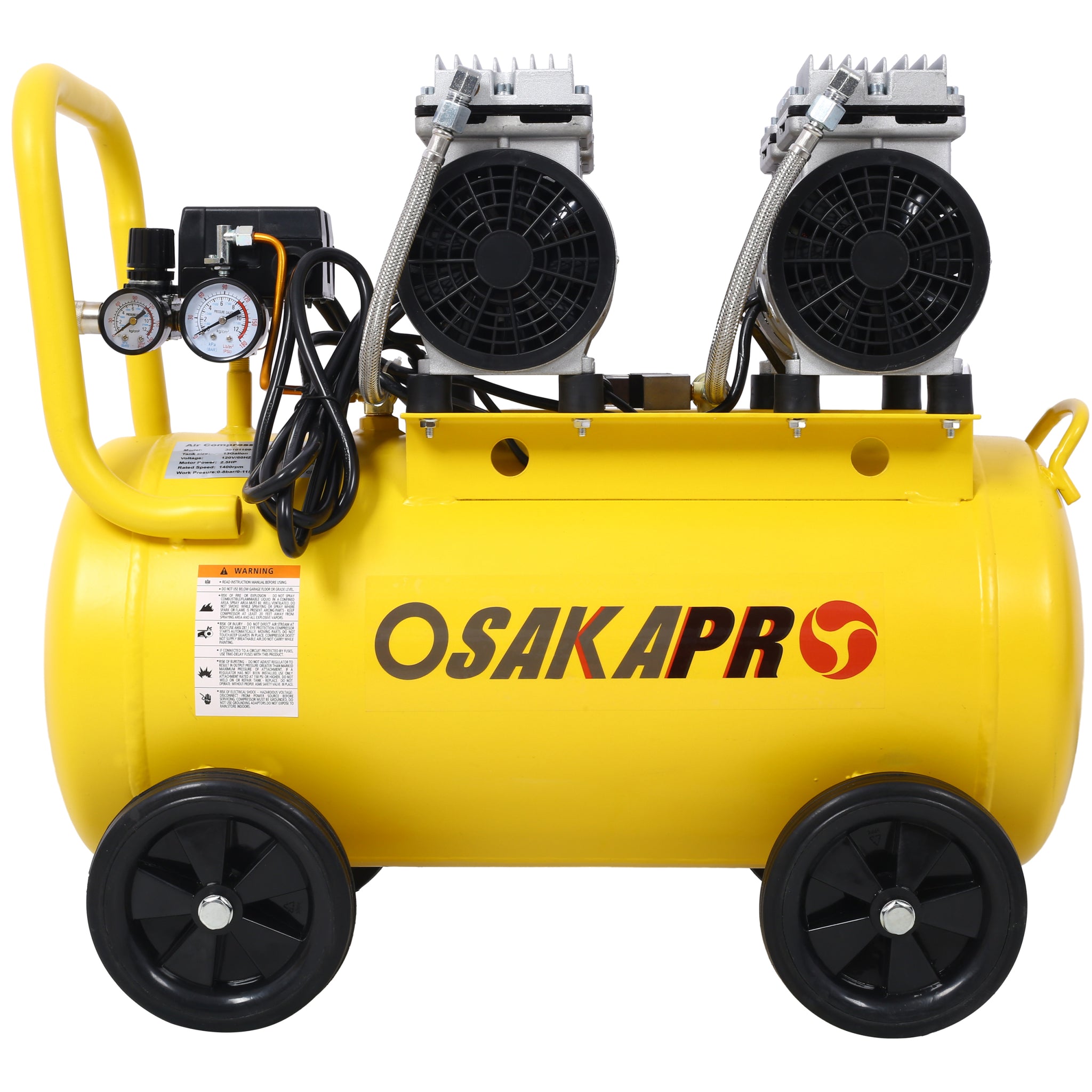 2.5 Hp Ultra Quiet Air Compressor 13 Gallon, Oil Free, Electric Shop Air Compressor Portable,Lightweight With Wheels, 70 Dba Noise Level, With Automatic Drain Valve,Yellow Yellow Metal