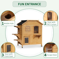 Pawhut 2 Story Cat House Outdoor, Weatherproof Wooden Cat Enclosure For Feral Cats With Escape Door, Openable Roof, Jumping Platforms, Natural Natural Wood Wood