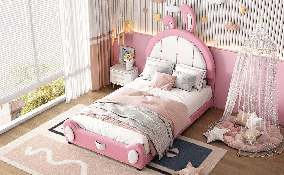 Twin Size Upholstered Platform Bed With Rabbit Shaped Headboard, Pink Box Spring Not Required Twin Pink White Wood Bedroom Bed Frame Faux Leather Upholstered