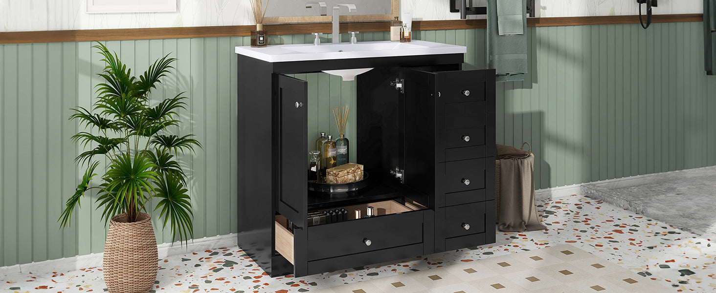 Video 36 Inch Shaker Style Free Standing Bathroom Vanity Cabinet With Sink, 4 Soft Close Drawers And 2 Soft Close Doors Black Bathroom Mdf