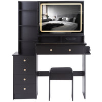 41" Large Size Left Bedside Cabinet Vanity Table Cushioned Stool Dresser Set, 2 Ac 2 Usb Power Station, Hair Dryer Stand, Extra Large Touch Control Led Mirror, 3 Color Switch, Epa, Gcc, Ul