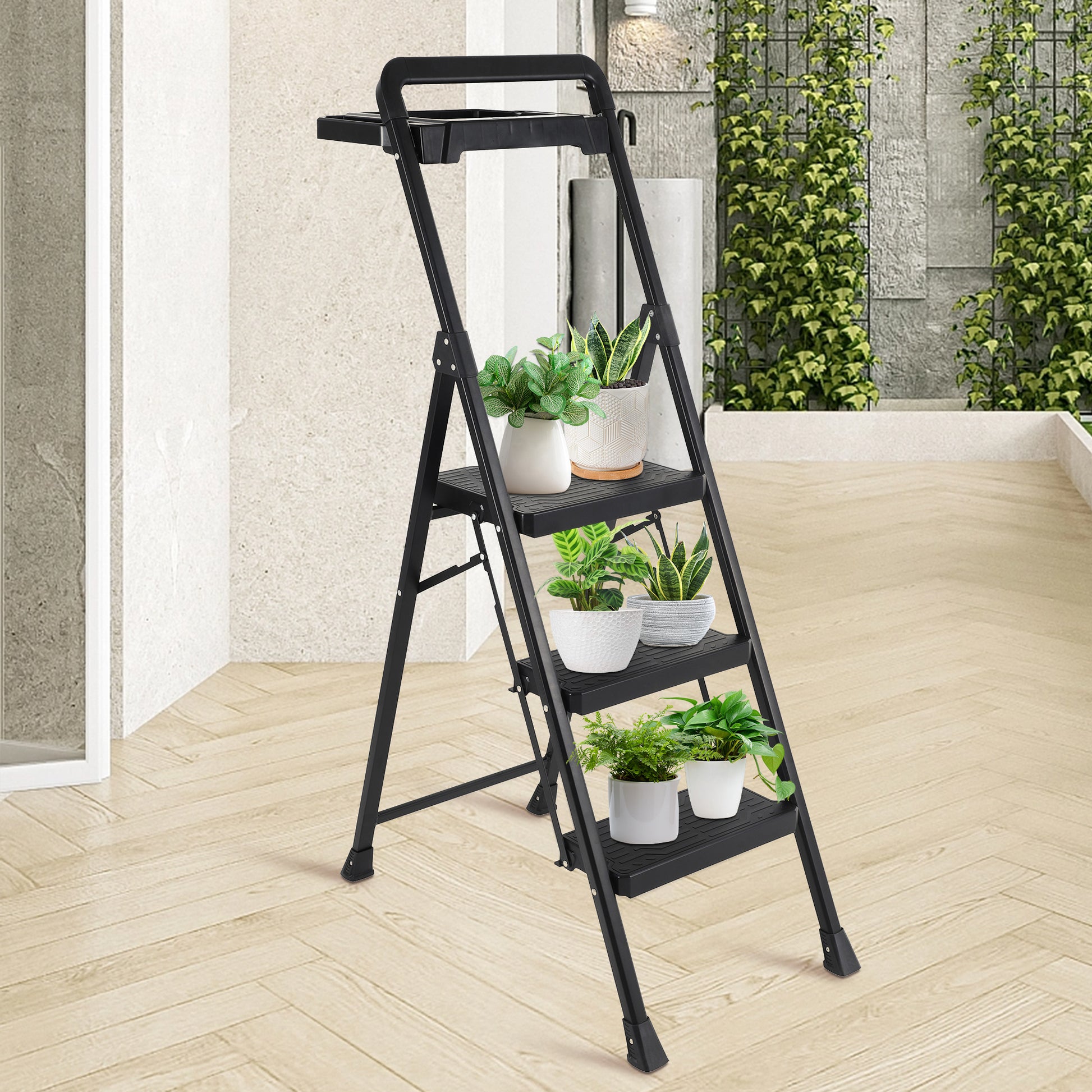 3 Step Ladder Folding Step Stool Ladders For Home Lightweight 300Lbs Capacity Step Ladder Suitable For Home And Office Amber Graphite,Black Metal